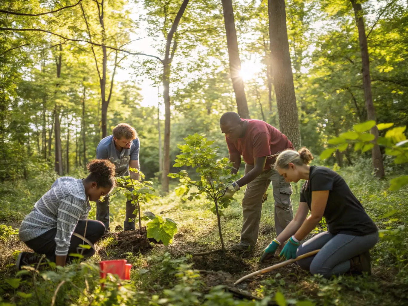 An image of SCRS members collaborating on a habitat restoration project, planting native trees and shrubs, highlighting the club's dedication to maintaining ecological balance and improving hunting conditions.