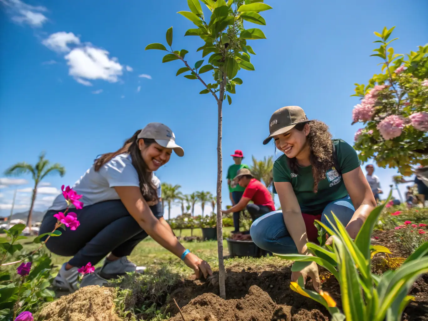 A serene image of SCRS members participating in a wildlife habitat restoration project, planting native trees and shrubs to enhance biodiversity.