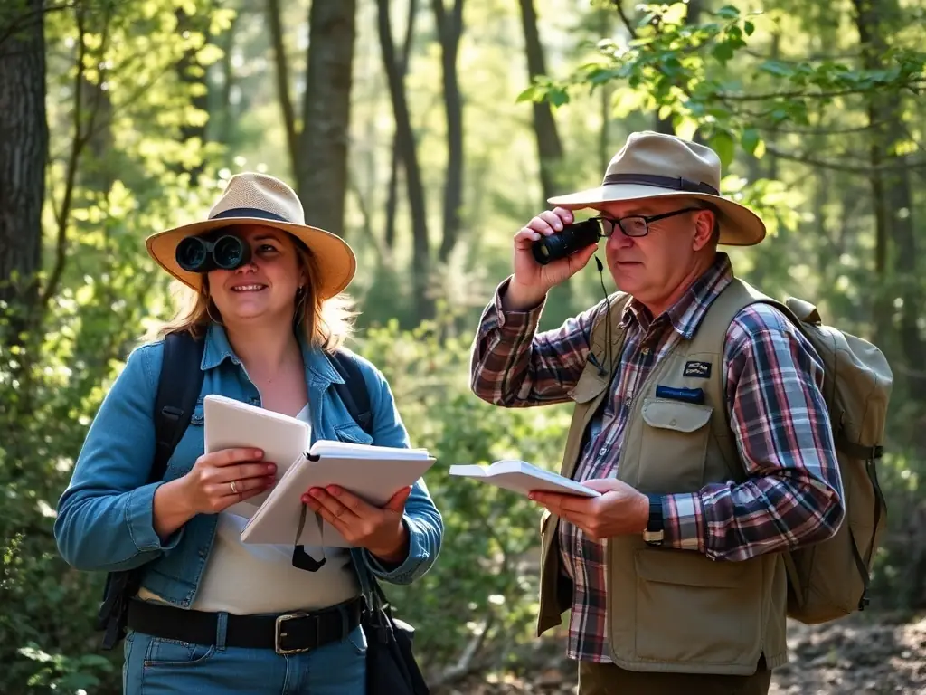 A serene landscape featuring a group of SCRS members participating in a wildlife census, using binoculars and notebooks to record observations, emphasizing the club's commitment to wildlife preservation and scientific monitoring.