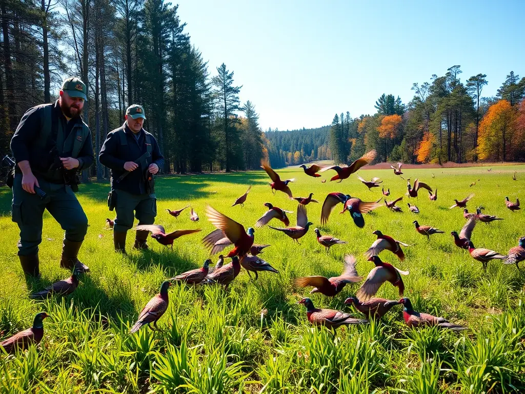 A picturesque scene of SCRS members releasing pheasants into a carefully managed habitat, showcasing the club's active role in enhancing game populations through breeding and release programs.
